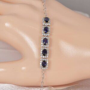Halo Oval Cut Natural Blue Sapphire 925 Sterling Silver Bracelet, 7"